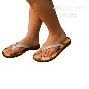 Beach Feet Hawaiian Flower Lacquered Wood Flip Flop Thong Platform Sandal Sz 8
